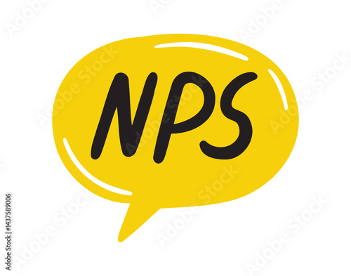 Nps, abbreviation net promoter score. Nps speech bubble lettering doodle hand drawn text.