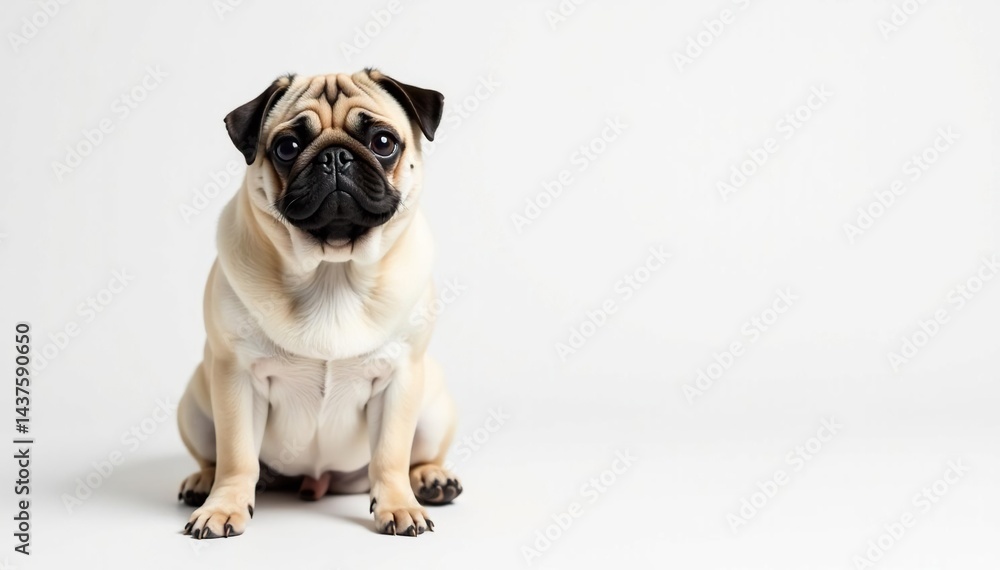 Obraz premium Adorable pug dog sits alone, white background, puppy, fluffy, mammal