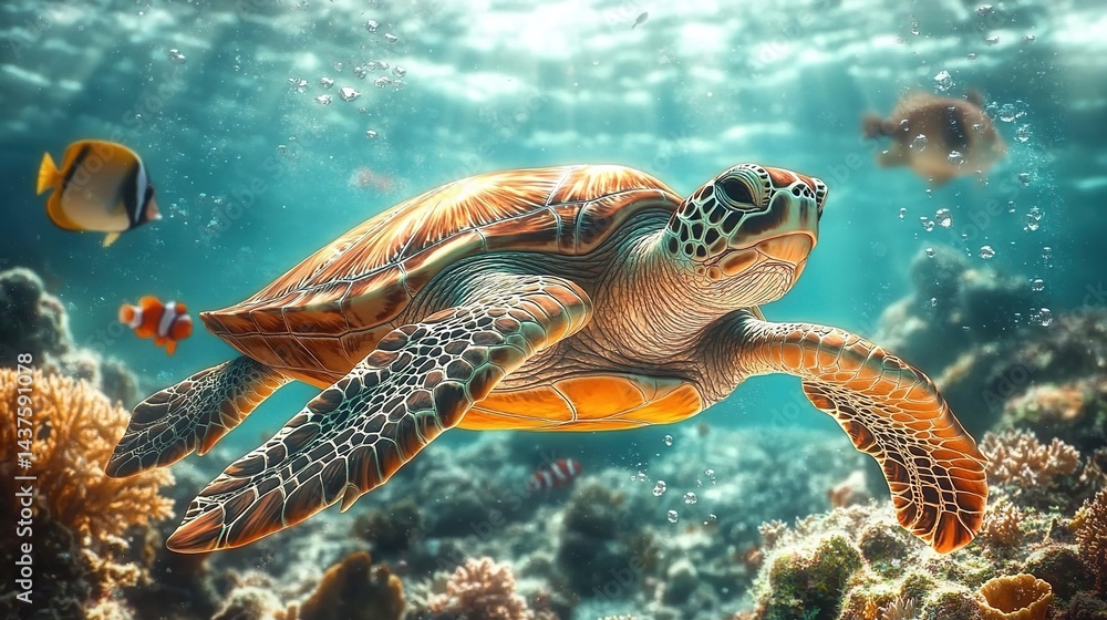 Fototapeta premium Colorful sea turtle swimming among coral reefs with tropical fish and marine life, clear blue ocean water in the background.