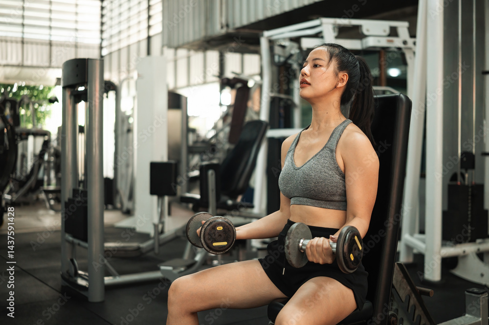 Fototapeta premium A fit young woman performing a seated dumbbell curl exercise in a gym, Focused Strength Training with Dumbbells
