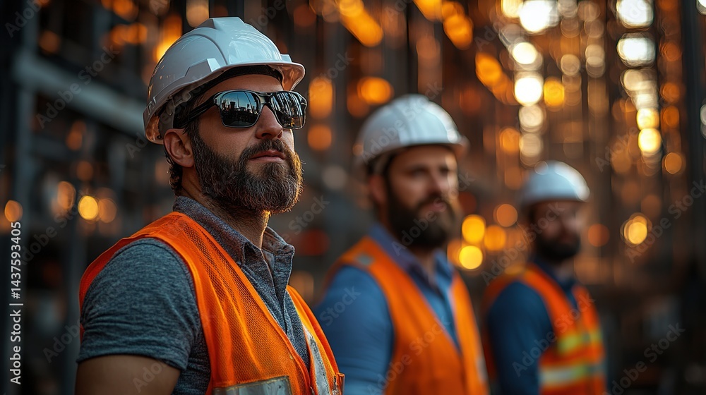 Obraz premium Two workers in hard hats and orange vests at a construction site, with steel structures and industrial equipment in the background.