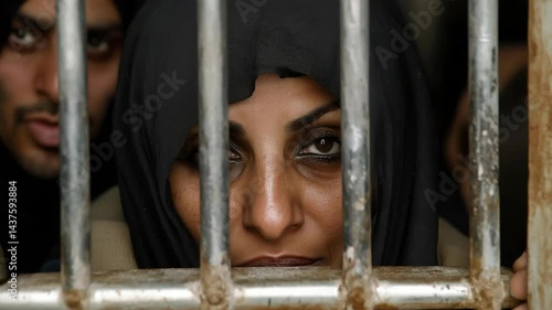 Woman in black headscarf peers from behind iron bars with another person visible in the background