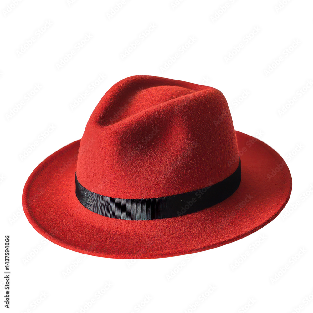 A stylish red fedora hat with a black band, perfect for fashion enthusiasts.