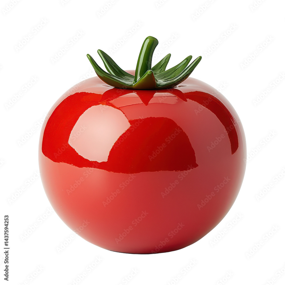 Fresh red tomato with glossy skin and vibrant green leaves, perfect for culinary use.