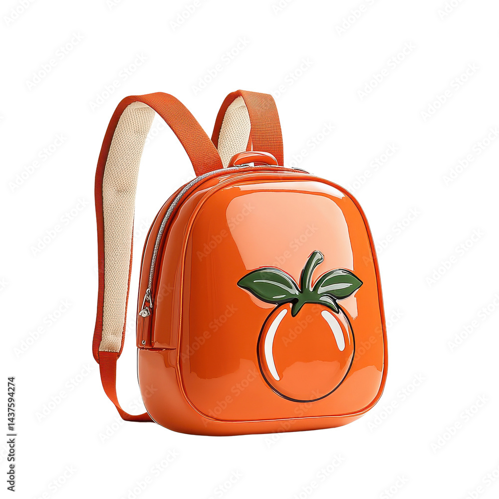 Stylish orange backpack with a playful fruit design, perfect for kids and adults.