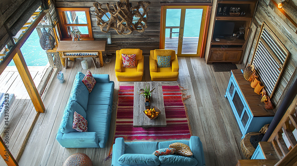 Fototapeta premium Cozy island cabin interior with colorful decor and turquoise water view, creating vibrant