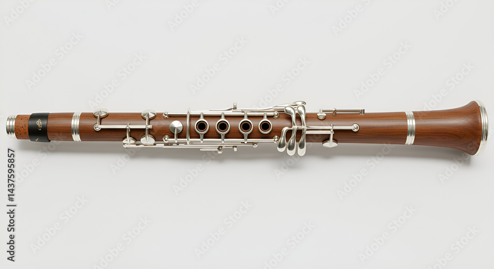 Naklejka premium a clarinet lying horizontally on a white background, keys shining under soft light