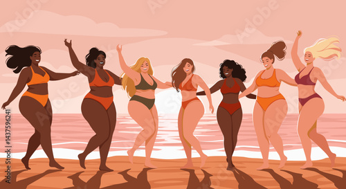 Diverse women celebrating joyfully at the beach during sunset  