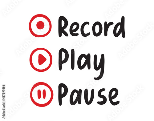 Record, play and pause words lettering hand drawn font signs set. Sticker for social media post. Record play pause doodle signs 