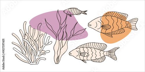 "Minimal Coral and Fish Line Art with Pastel Abstract Background"

