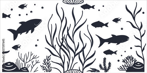 "Underwater Fish and Seaweed Silhouette Seamless Pattern"

