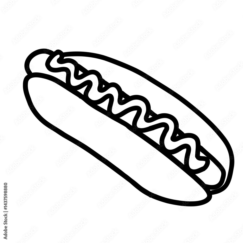 Hotdog Fast Food Icon Line Art Coloring Book Illustration for Restaurant Menu, Kids Activity, and Hand-Drawn Food Design Hotdog Fast Food Icon Line Art Coloring Book Illustration for Restaurant Menu, Kids Activity, and Hand-Drawn Food Design