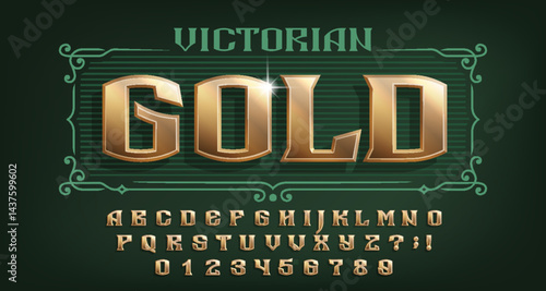 Victorian Gold alphabet font. 3d old letters and numbers. Stock vector typeface for your design.