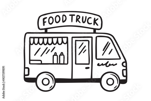 Food truck icon doodle hand drawn. Outline drawing food truck fast food line clipart symbol
