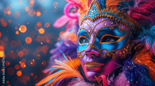 Wallpaper Mural Colorful carnival feather masks and sparkles floating on a dark purple background, Rio de Janeiro carnival party theme, vibrant and festive  Torontodigital.ca