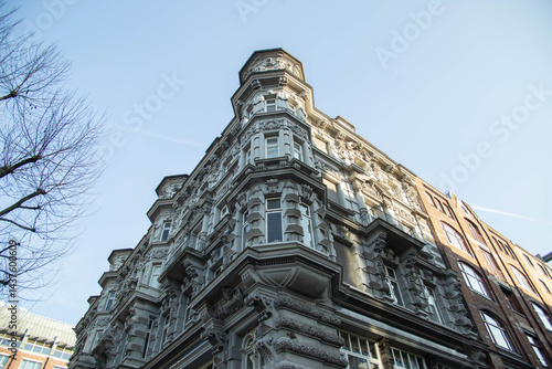 Ornate Historic Facade and Red Brick Buildings in Hamburg Germany