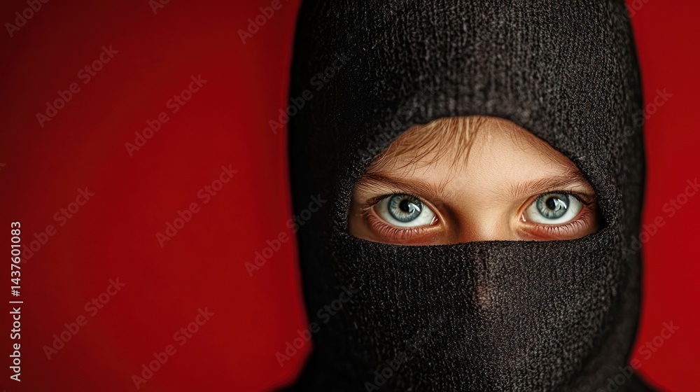 Mysterious Gaze: Child in a Balaclava Against a Red Background Mysterious Gaze: Child in a Balaclava Against a Red Background
