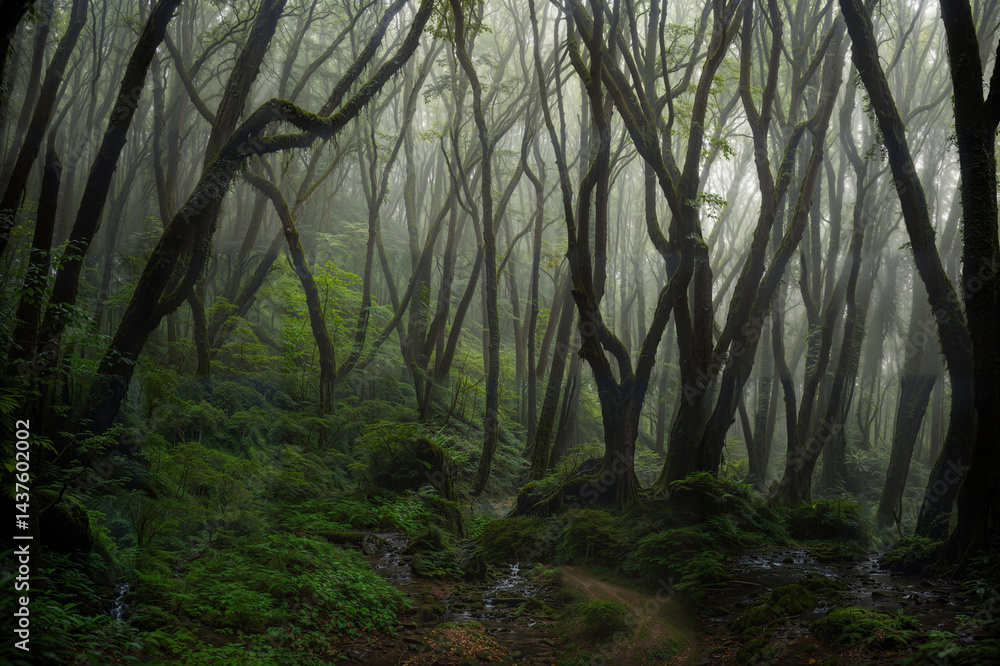 Obraz premium Lush Rainforest Scene with Sunlight