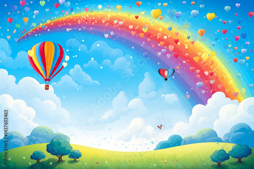 A red balloon flying high in a bright blue sky with fluffy white clouds, rainbow trails behind it, perfect for kids banner