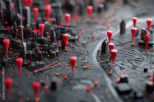 Red markers, sophisticated urban mapping, digital grid lines, and geofencing technology were used to create a stylized tiny metropolis. Generative Ai