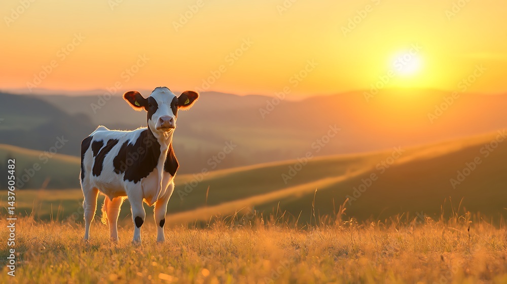 Cow stands in grass field hills as sun sets, for use in agriculture, rural lifestyle concepts Cow stands in grass field hills as sun sets, for use in agriculture, rural lifestyle concepts