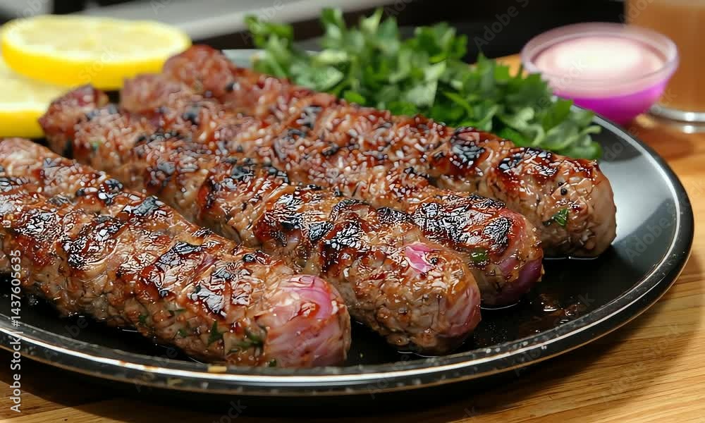 Grilled meat skewers on a plate with lemon slices. Grilled meat skewers on a plate with lemon slices.