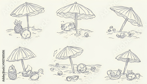 Assorted beach-themed doodles featuring umbrellas,  and tropical elements for summer nostalgia