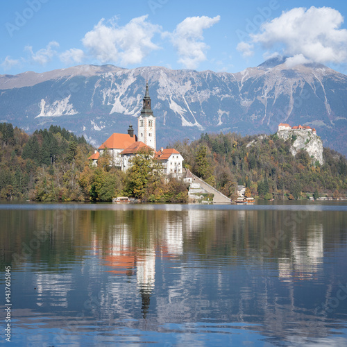 Wallpaper Mural Church in the middle of lake with castle in backdrop, Bled, Slovenia, Europe Torontodigital.ca