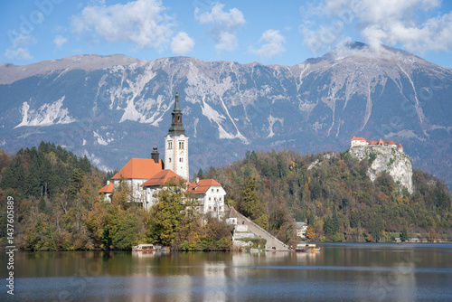 Wallpaper Mural Church in the middle of lake with castle in backdrop, Bled, Slovenia, Europe Torontodigital.ca