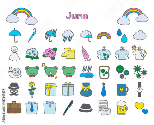 6月の雨と父の日手描きカラーベクターイラスト（線画付き）：シンプルアイコン - Rainy Season and Father's Day Hand-drawn Color Vector Illustration