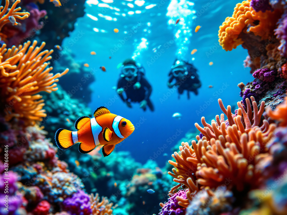 Fototapeta premium Vibrant coral reef with divers and a clownfish in a clear blue underwater scene.