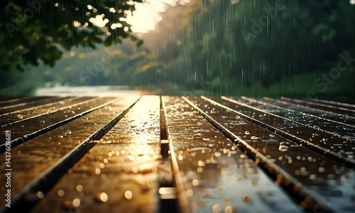 Wet Wooden Dock in Moody Setting with Raindrops and Blurred Green Foliage in Background
