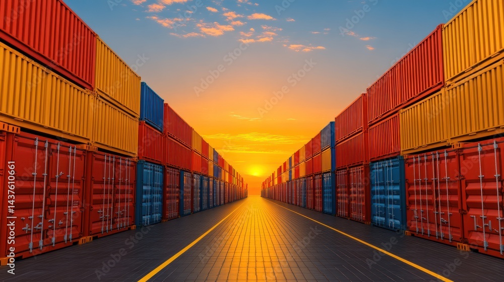Fototapeta premium Sunset over Container Terminal: Global Trade and Logistics