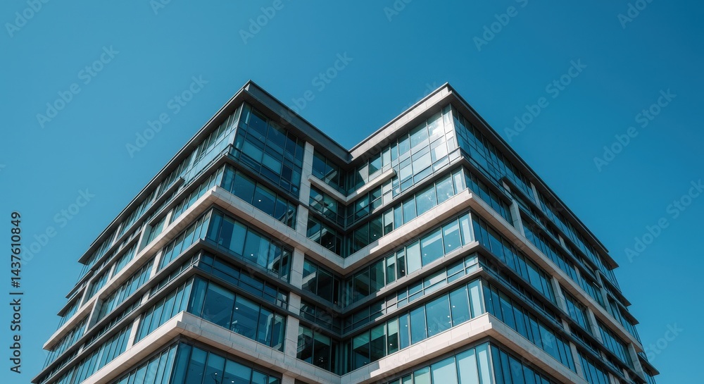 Office Building Exterior with Glass Windows Against Clear Blue Sky Office Building Exterior with Glass Windows Against Clear Blue Sky