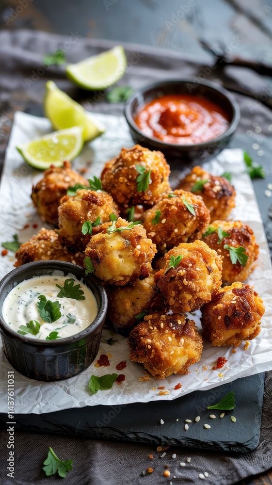 Golden chicken balls coated in sesame seeds served with dips on slate board Golden chicken balls coated in sesame seeds served with dips on slate board