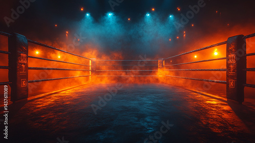 Empty boxing ring, dramatic lighting, smoky atmosphere.