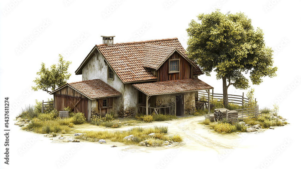 charming farmhouse surrounded by greenery, featuring rustic architecture and serene pathway charming farmhouse surrounded by greenery, featuring rustic architecture and serene pathway