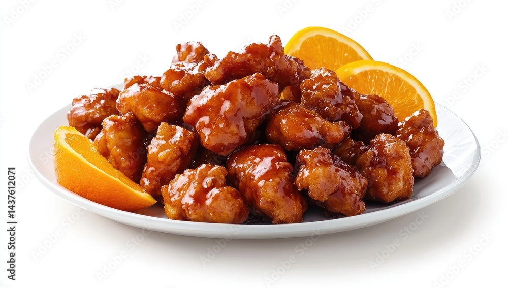 Crispy, sweet and savory orange chicken piled high on a white plate, garnished with orange slices Crispy, sweet and savory orange chicken piled high on a white plate, garnished with orange slices