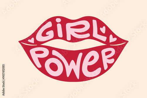groovy retro lettering Girl power in red lips shape. Retro 60s or 70s feminist slogan for t shirts, posters or cards. women glamour beauty slogan
