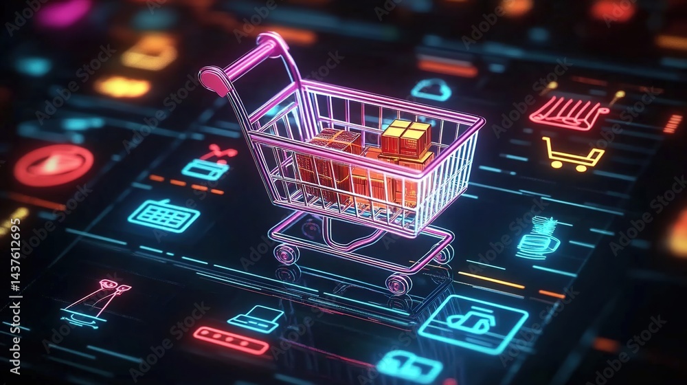 A digital interface with a neon-colored wire-frame shopping cart and multiple neon-hued icons on a dark background. A digital interface with a neon-colored wire-frame shopping cart and multiple neon-hued icons on a dark background.