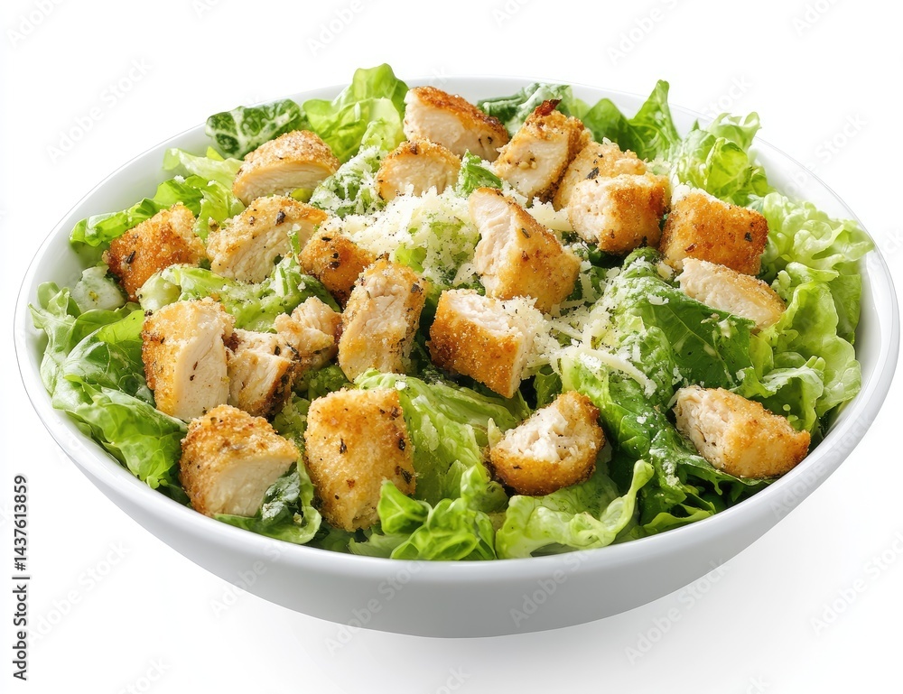 Crispy chicken Caesar salad. Fresh, crunchy greens topped with savory chicken pieces, parmesan cheese, and a creamy dressing Crispy chicken Caesar salad. Fresh, crunchy greens topped with savory chicken pieces, parmesan cheese, and a creamy dressing