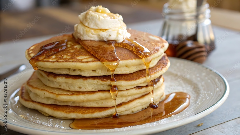 Delicious Breakfast Pancakes with Fruit and Maple Syrup Delicious Breakfast Pancakes with Fruit and Maple Syrup