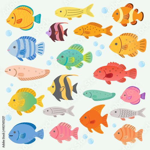 This colorful illustration showcases a variety of tropical fish swimming playfully with bubbles in the water