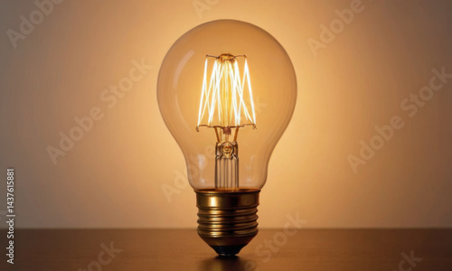 A single light bulb sits on a wooden table, ideal for use in still life photography or as a decorative element