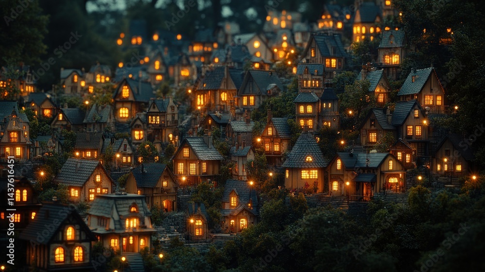 Obraz premium Miniature illuminated village at night, nestled in hills