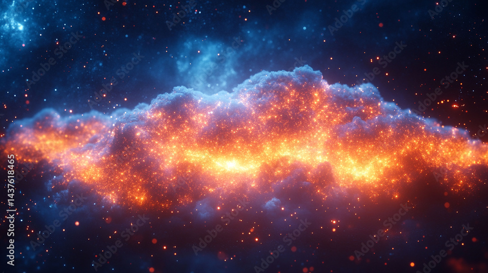 Fototapeta premium Fiery nebula cloud in deep space, glowing with orange and blue cosmic dust, stars, and particles.