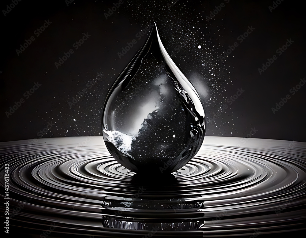 Fototapeta premium Captivating water drop in motion abstract studio digital art black and white close-up fluidity