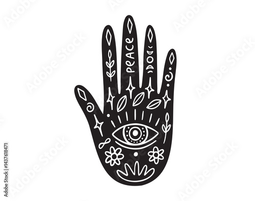 ethnic, mystic or hippie hand palm poster tattoo. hand with pattern icon doodle hand drawn. Outline drawing hand palm tattoo line clipart symbol