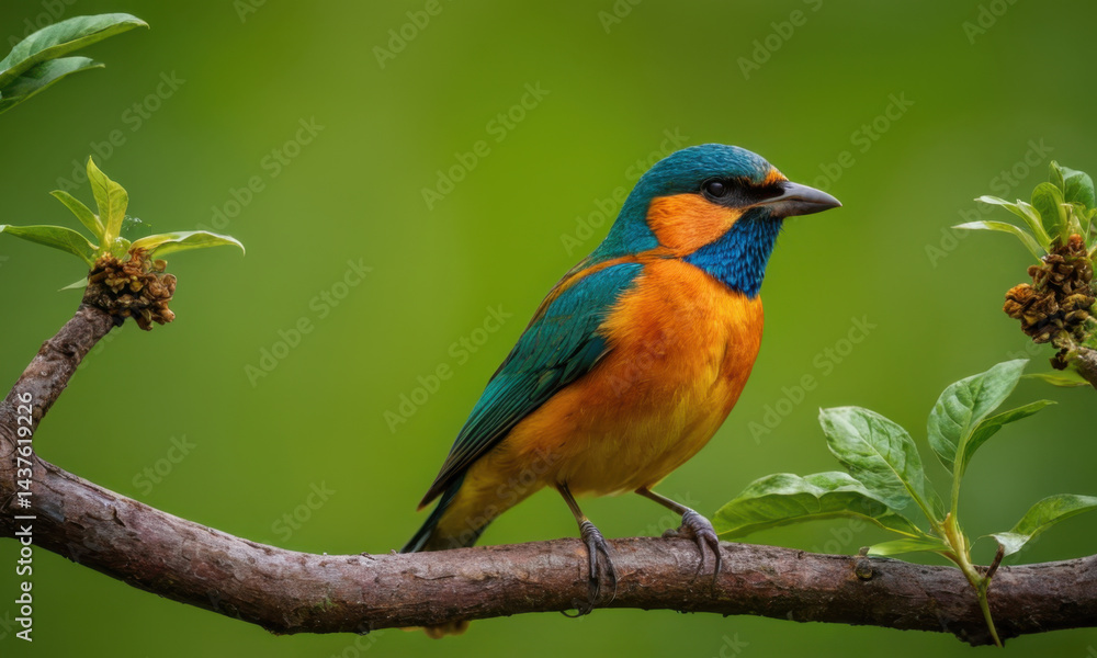Fototapeta premium A vibrant bird sits on a branch, surrounded by lush green leaves