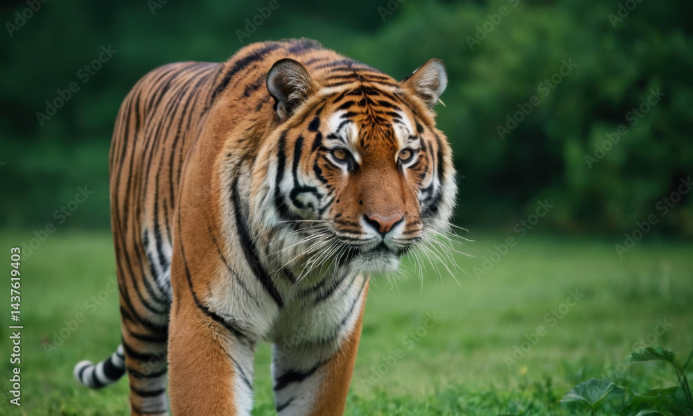 Fototapeta premium A tiger is seen walking across a lush green field